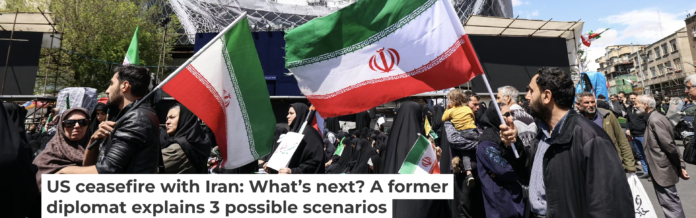 Iranians hold national flags in Tehran’s Revolution Square on April 8, 2026, after the United States and Iran agreed to a two-week ceasefire. Atta Kenare/AFP via Getty Images